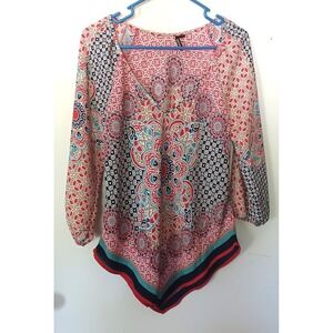 HeartSoul Boho Women M Medallion Print Handkerchief Hem Blouse Red Teal Peasant